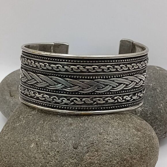 Vintage Wide Braided Silver Cuff Bracelet Mens Unisex Made in India Boho Ethnic - Picture 2 of 7
